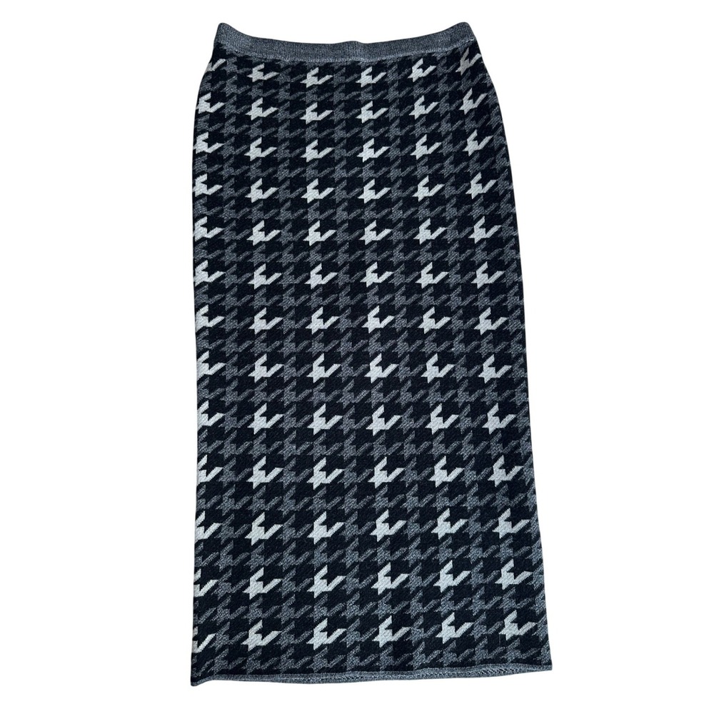Alice + Olivia 100% Wool Houndstooth Knit Mini Pencil Skirt Grey Black Small
